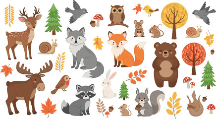 Fototapeta premium Adorable Woodland Animal Vector Illustration Set Featuring Deer, Fox, Bear, Moose, and Raccoon with Autumn Leaves and Forest Elements for Children's Nursery Decor and Stationery