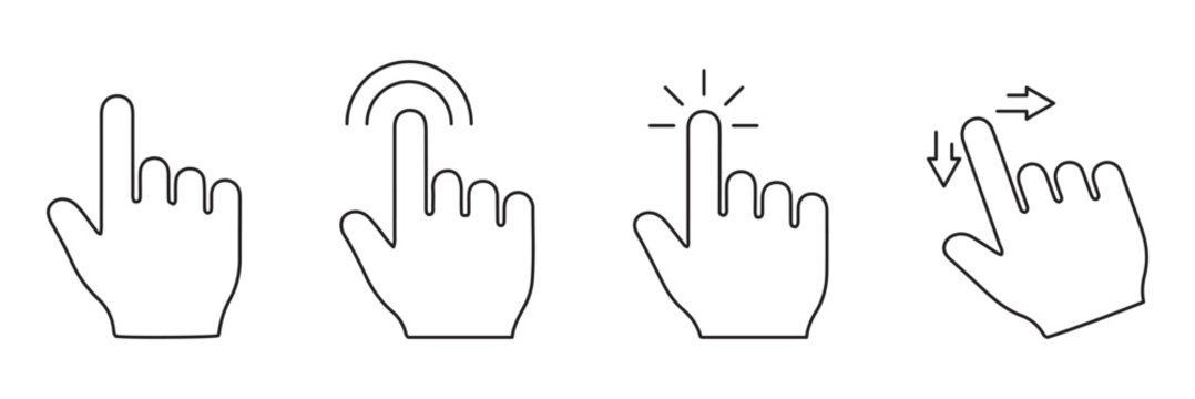 Click cursor and hand pointer icon set vector &ndash; modern UI UX click symbol collection for website navigation, button action, mobile app interface and web design. Vector icon hand tapping finger gesture