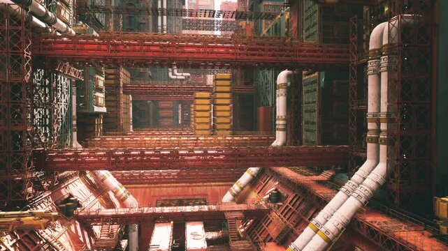 dense pipe network crossing industrial void, clustered junctions and valves forming complex grid, manifold segments and welded seams, tactical maintenance