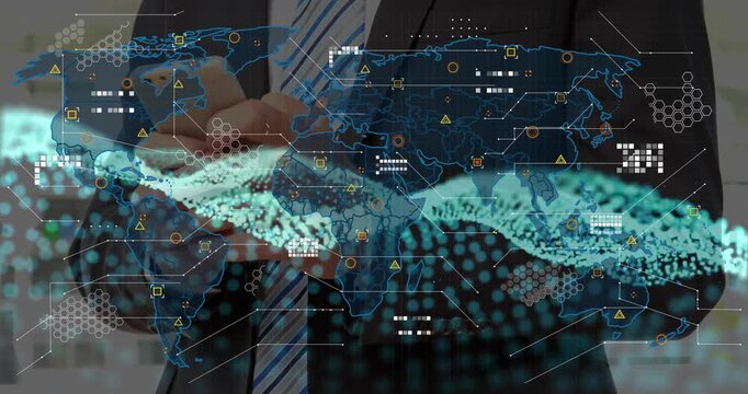 Business executive being shown holding smartphone in scene, displaying global data connections