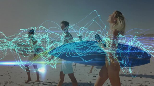 Six surfers walking along sandy beach, technology data waveforms swirling beneath surfboards