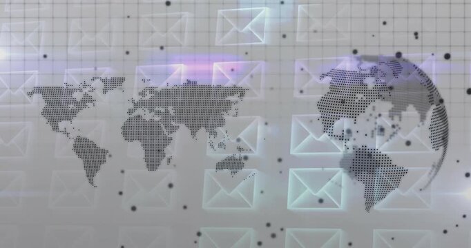 Flat dotted world map connecting floating envelopes over gray grid, driving global data flow