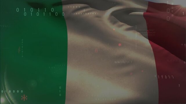 When breeze hitting Italian flag, waving while binary and C++ code cascading for coding demo