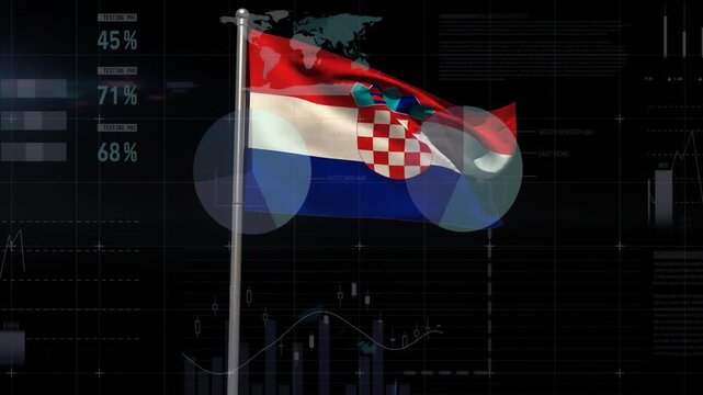 Virtual breeze picking up causing Croatian flag unfurling while charts sliding and map emerging