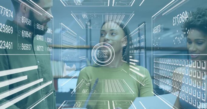 Business team scanning document in office, revealing hologram data panels and guiding edits