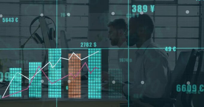 Man typing, updating currency data while colleague joining and revealing bar chart tracking finance