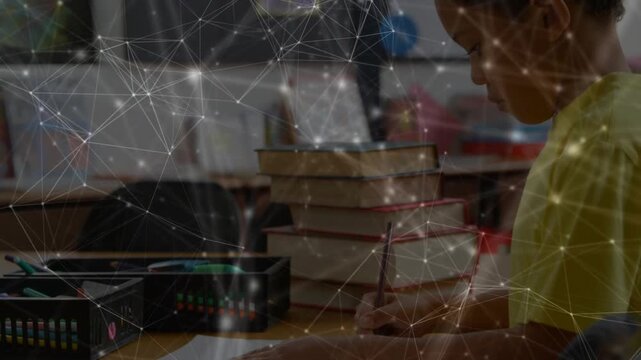 School student placing paper and grabbing pencil animating writing assignment progress in education