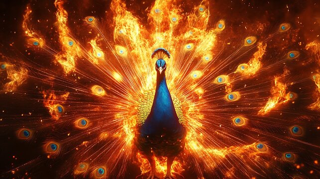 Fiery peacock with blazing tail feathers high resolution picture