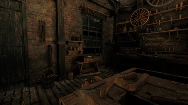 warm golden hour workshop glowing with amber light, wood shavings on floor, small stool by bench, rich grain textures, intimate nostalgic atmosphere