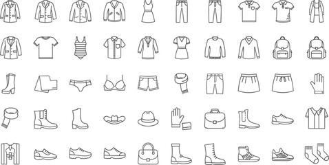 Fototapeta premium Comprehensive Collection of Fashion Clothing and Accessory Line Icons Featuring Apparel Shoes Bags and Headwear Minimalist Vector Illustration Set Isolated on White Background