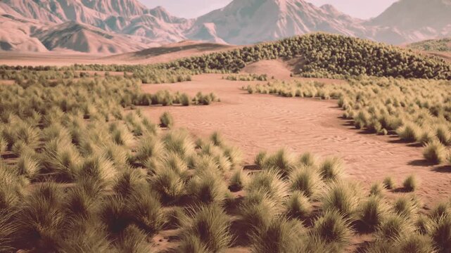 Field view of arid scrub and mountain backdrop, detailed ground patterns and clustered shrubs reveal soil texture and erosion features for ecological mapping,