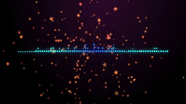 Animated equalizer visualizing music input, cyan bars rising, shifting right, orange stars drifting