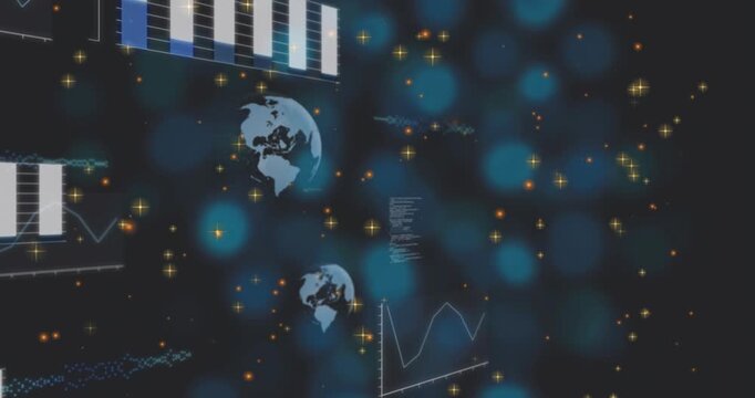 Data visual showing dense bokeh, thinning bokeh revealing globes, charts for tech analytics