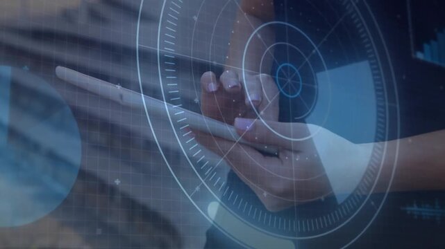 Right index finger tapping tablet, woman swiping to control tech HUD rotating and revealing reticle