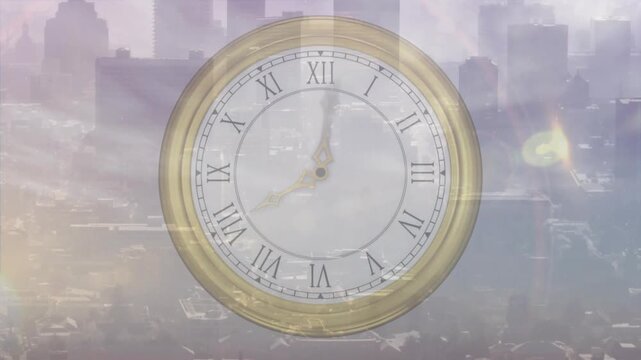 Moon rising causing gold clock turning over skyline, drifting shifting hues showing time for tech