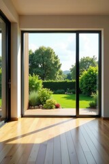 Fototapeta premium Modern loft, empty room, wood floors, garden view , design, floor