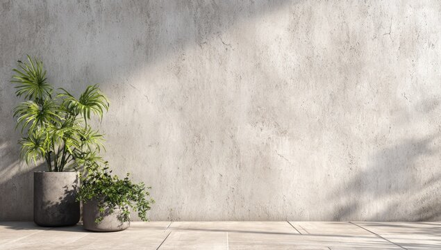 Modern interior with plants in concrete pots against a textured, sunlit wall