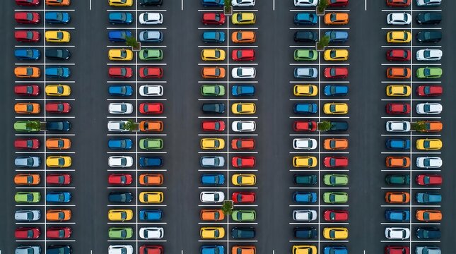 Aerial view of a vibrant colorful parking lot packed with cars arranged in orderly parallel rows