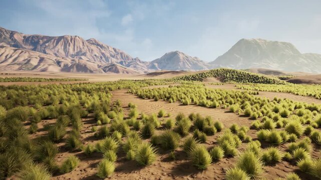 Sparse shrubland with parched soil and distant peaks, site image for drought risk modeling and water management planning, pale grasses and cracked textures