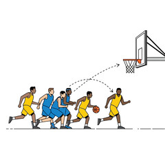 Fototapeta premium Basketball players in action, dribbling and passing during a game, illustration