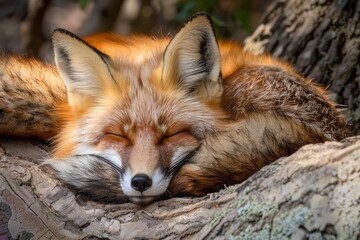 Fototapeta premium Wild red fox curled up, sleeping on a tree branch in its natural habitat