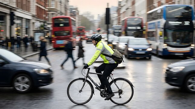 A cyclist rides a bicycle through a busy city street with cars and buses on a wet road