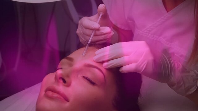 Female practitioner steadying client's forehead, needle touching skin and giving cosmetic injection