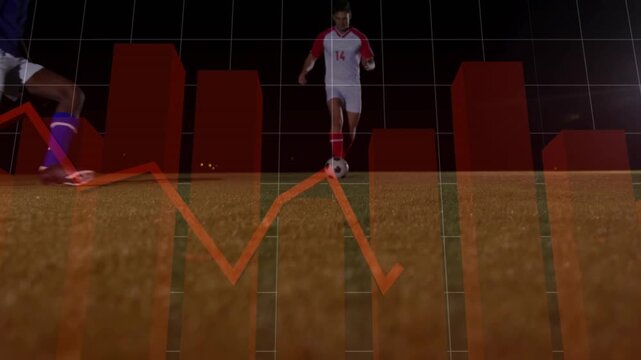 Player 14 dribbling at night, opponent sliding to tackle to win ball, overlaid charts tracking tech