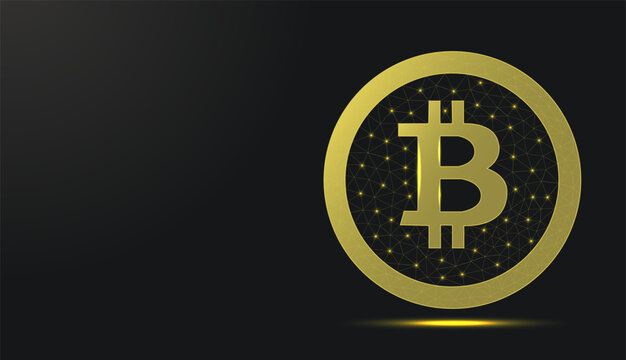 Low poly wireframe golden bitcoin symbol on dark background.