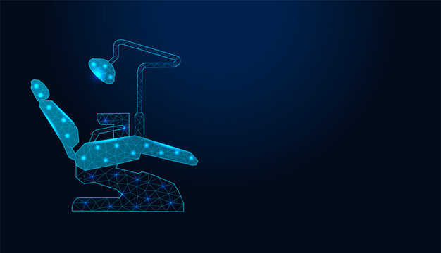 Low poly wireframe dental chair on dark blue background.