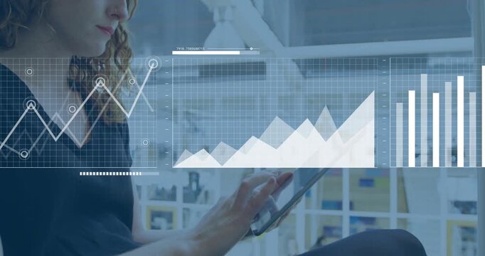 Woman tapping tablet in office, updating line, area, bar charts and world map for business analysis