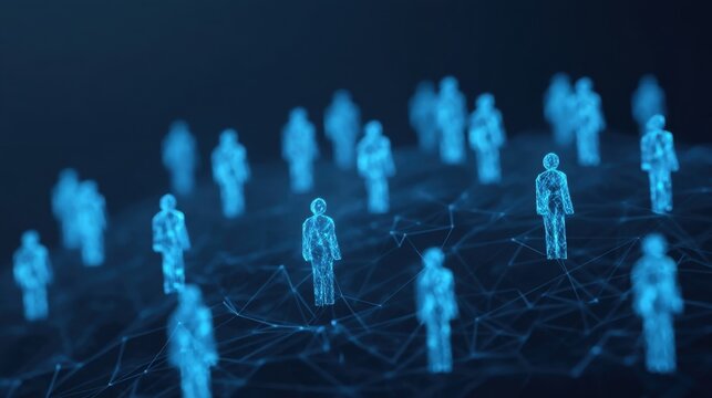 Abstract Digital Network of Human Figures Connected in Blue, Representing Modern Technology and Communication in a Futuristic Design