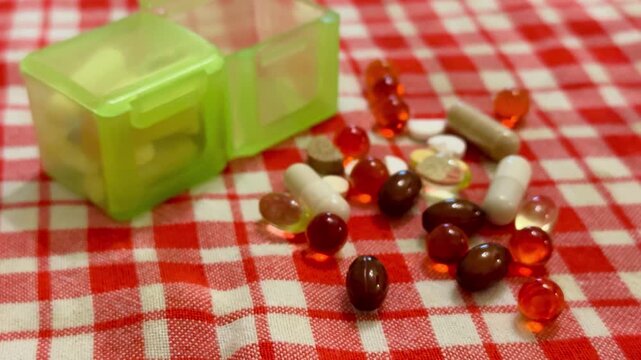 Omega capsules scattered on checkered tablecloth, green pillbox open beside assortment of soft gels, white tablets and brown.