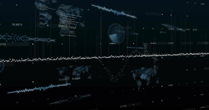 White dotted waveform responding to data pulse, dipping and showing spinning charts for analytics