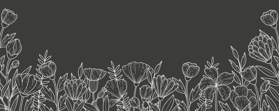 Vintage line art chalk flowers banner. Hand drawn vector botanical floral line art wildflower, greenery. Design for wallpaper, banner, print, website.