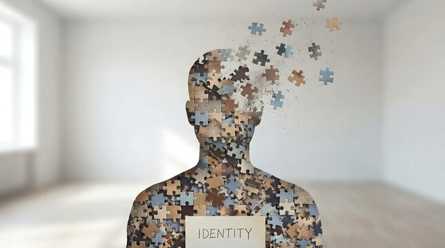 A human silhouette composed of jigsaw puzzle pieces with some pieces floating away, against a blurred white room background with natural light.