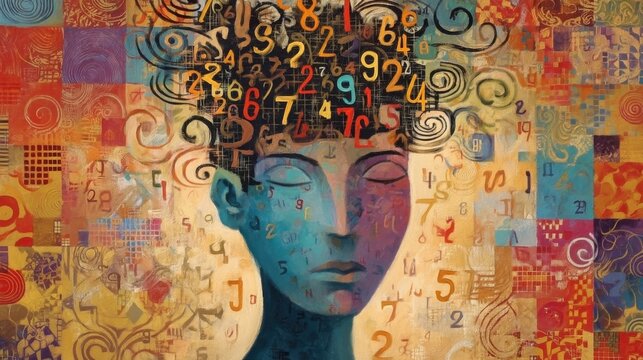 Abstract Painting of Numbers and Symbols in a Vibrant Colorful Composition Featuring a Thoughtful Human Figure