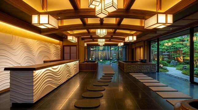 AI-generated　日本の伝統美を極めた高級旅館のエントランス：名栗加工の天井梁と水面に映る温かな光の演出、幻想的な夜の和モダン空間：波型デザインのカウンターとライトアップされた砂紋の美学