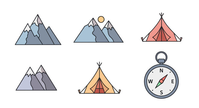 Colorful illustration of camping icons.