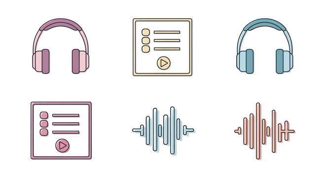 Colorful icons of headphones and audio.