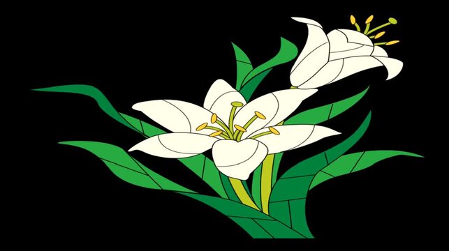 White lily flower animation with green leaves on black background elegant blooming botanical design clean style