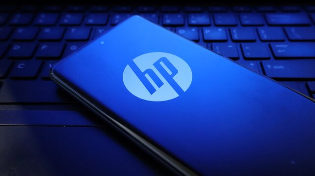 A blue HP laptop on a dark keyboard with a prominent logo