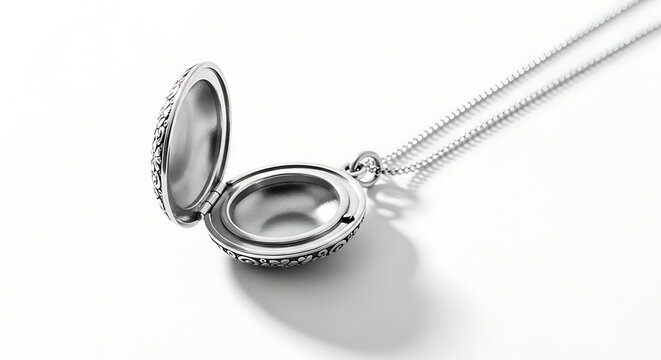 A silver locket necklace with an open pendant lies on a white surface.