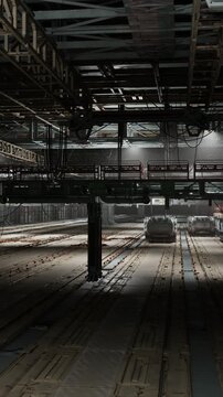 Dimly lit loading bay with beams, low fog and spotlight pools, scattered crates and puddles, distant vehicle silhouette, surveillance drone standby, cinematic