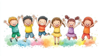 Fototapeta premium Joyful Children Jumping Happily Together in Bright Colors with Cheerful Expressions and Playful Spirit