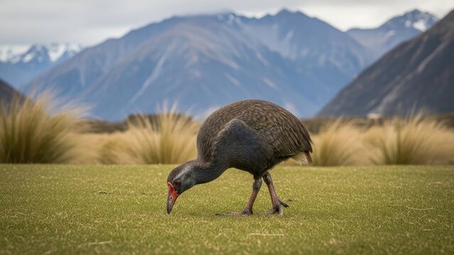 Weka bird foraging in grassy field with snow-capped mountains backdrop