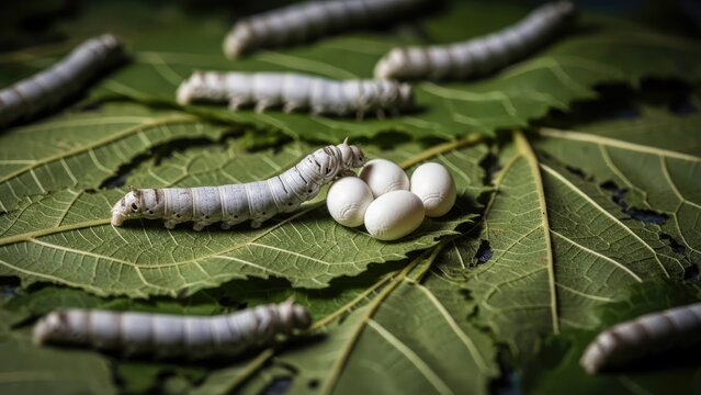 Silkworms and cocoons on mulberry leaves, close-up macro shot