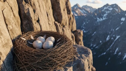 Obraz premium Bird nest with speckled eggs on a rocky mountain cliff, overlooking a scenic valley