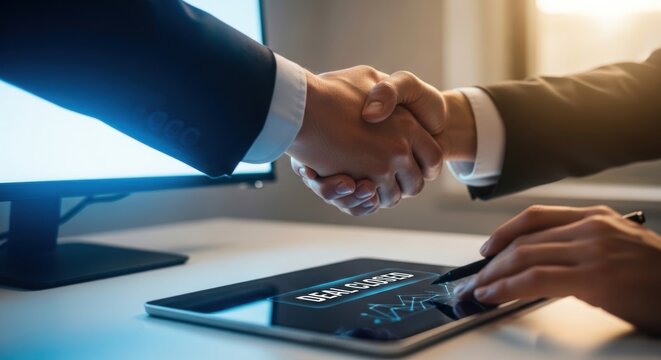 Two professional business people shaking hands over digital tablet for closed deal, for corporate success, mutual agreement, trust, completed strategic partnership