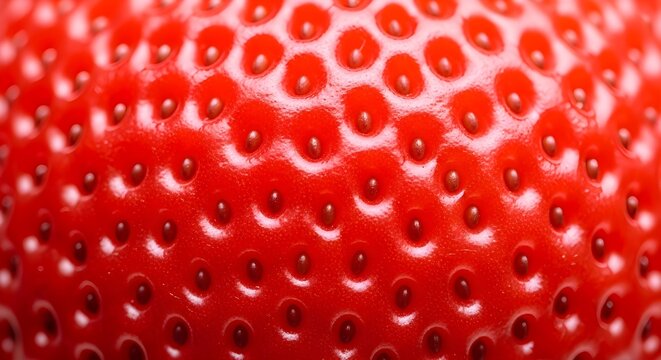 Extreme close-up of a ripe red strawberry skin, showcasing the detailed pattern of seeds (achenes) and the glossy red pulp.